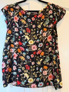 LOFT Black Floral Top with Pink, Red and Yellow Accents